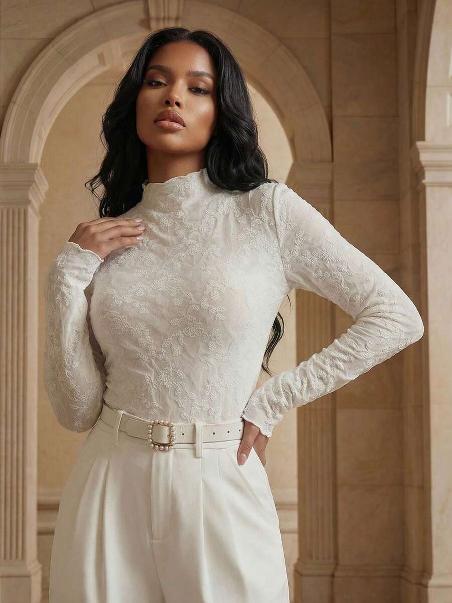 Playroots 女士立领修身褶皱蕾丝长袖白色上衣 - 白色 - 查看 1