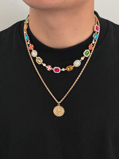 Bộ 2 mặt dây chuyền hình la bàn hình học phong cách punk cổ điển, dây chuyền nhiều lớp đính đá quý nhiều màu sắc sang trọng, phù hợp cho nam giới đeo hàng ngày, thời trang đường phố, dự tiệc, làm quà tặng.