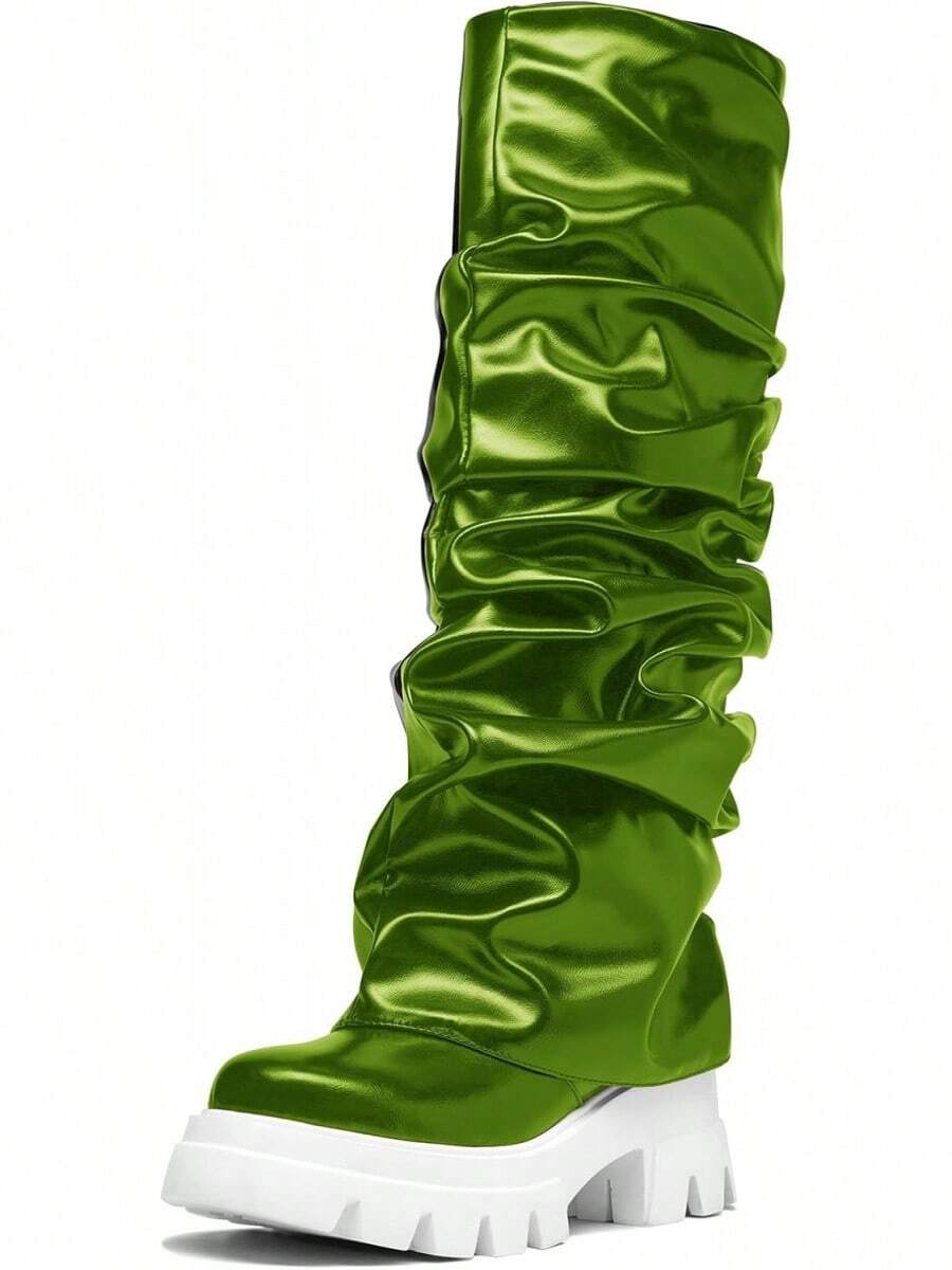Women's Platform Round Toe Mid Calf Boots With Chunky Heel - Green - View 1