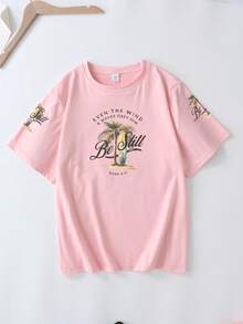 椰子樹字母印花T恤，大尺碼女裝上衣，時尚印花短袖設計..休閒 - 粉色 - 查看 2