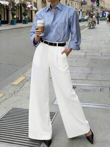 DONICY 女士白色阔腿长裤 时尚休闲裤 带口袋 - 白色 - 查看 6