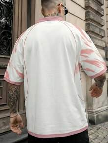 男士樱花印花Polo衫，日系数字图案粉色足球衫，夏季上衣 - 粉色 - 查看 3