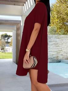 Women's Short Sleeved V-Neck Set, Solid Color Elastic Short Sleeved T-Shirt And Split Shorts 2-Piece Set, Suitable For Jogging, Yoga, Gym, Shopping - 酒紅色 - 查看 4