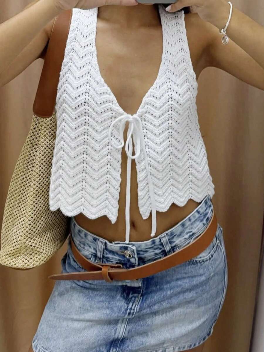 Damen weiße ärmellose kurze Strickjacke, halbdurchsichtiges Trägershirt mit Vorderbindung, geeignet für den Sommer - Weiss - Übersicht 1