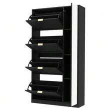 Modern Shoe Cabinet With Mirror, 4 Fold-Down Storage Compartments, Adjustable Shelf Behind The Right Mirror, Ideal For The Hallway, Black, Dimensions: W80/H147/D24 Cm - View 5