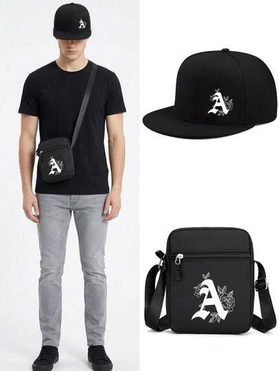 1/2pcs Set Letter A & Floral Print Unisex Baseball Cap And Crossbody Bag, Street Fashion Outdoor Sports Flat Brim Cap And Shoulder Bag, Adjustable, Suitable As Gift For Yourself Or Friends