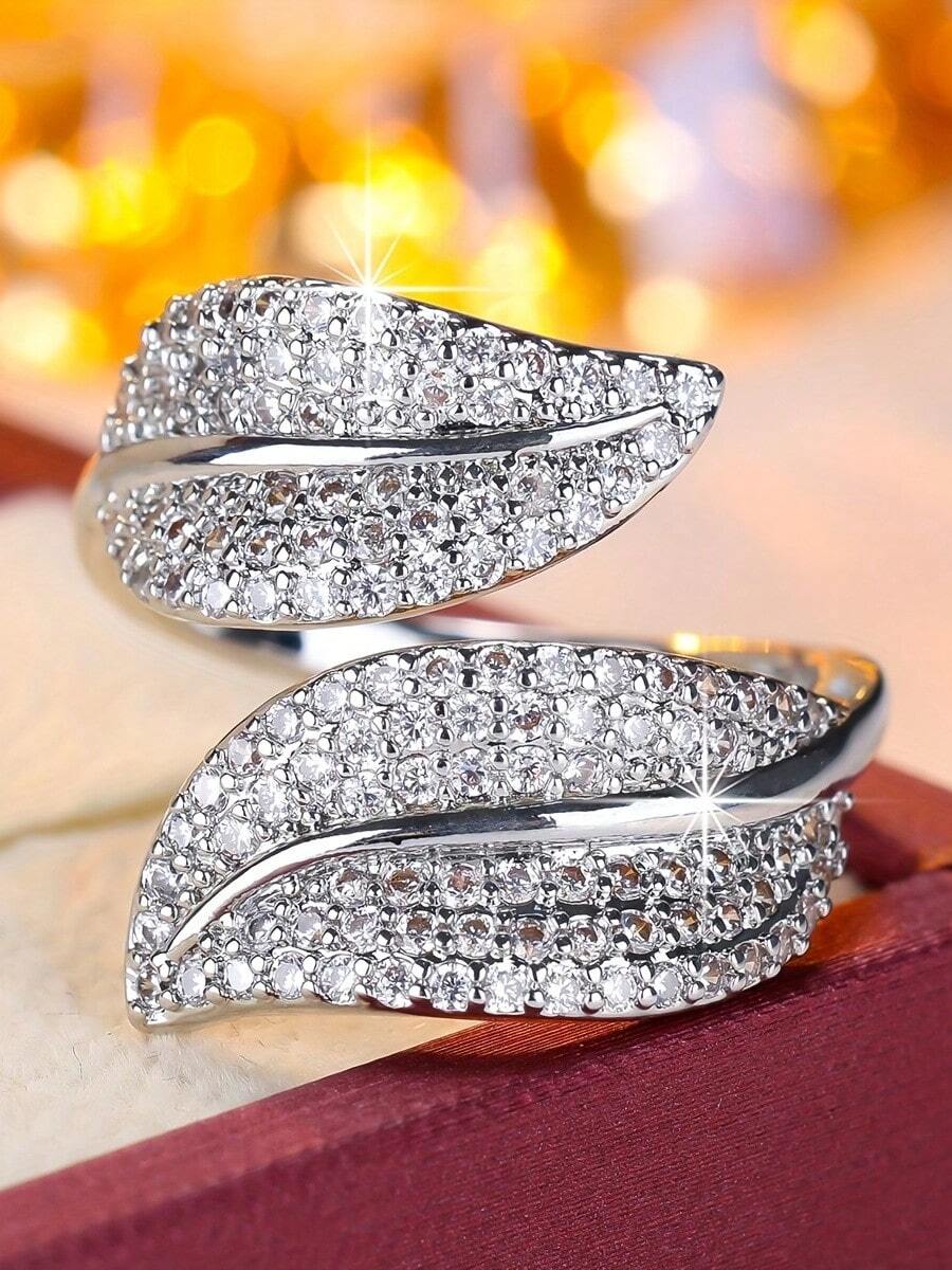 1件奢华双叶全镶钻开口戒指，优雅时尚全镶锆石壁龛设计百搭配饰 - 開口戒指 - 查看 1