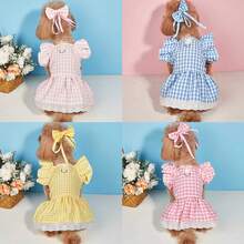 Đầm cho chó họa tiết kẻ caro nhiều màu với tay áo ren bồng bềnh - Trang phục thú cưng sành điệu cho chó và mèo. - Màu xanh lam - Xem 2