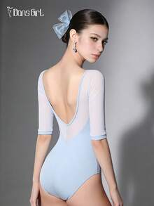DonsGirl Women's Ballet Leotard - Elastic Mesh Splice 3/4 Sleeve, Modern/Classical Dance Unitard, Professional Performance Costume Spring - Dusty Blue - View 3