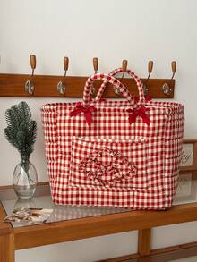 Minimalist Plaid Quilted Bow Decor Large Capacity Laundry Basket, Suitable For Home Use All Year Round For Bedroom Storage Box Clothes Storage Clothes Bag Travel Essentials - Multicolor - View 10
