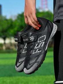 Kids' Football Shoes - Shock-Absorbing & Breathable, Comfortable & Durable, Always Ready For Match - Hook And Loop Closure, PU Upper, Nylon Lining, EVA Insole, Printed Pattern Design - Black - View 6