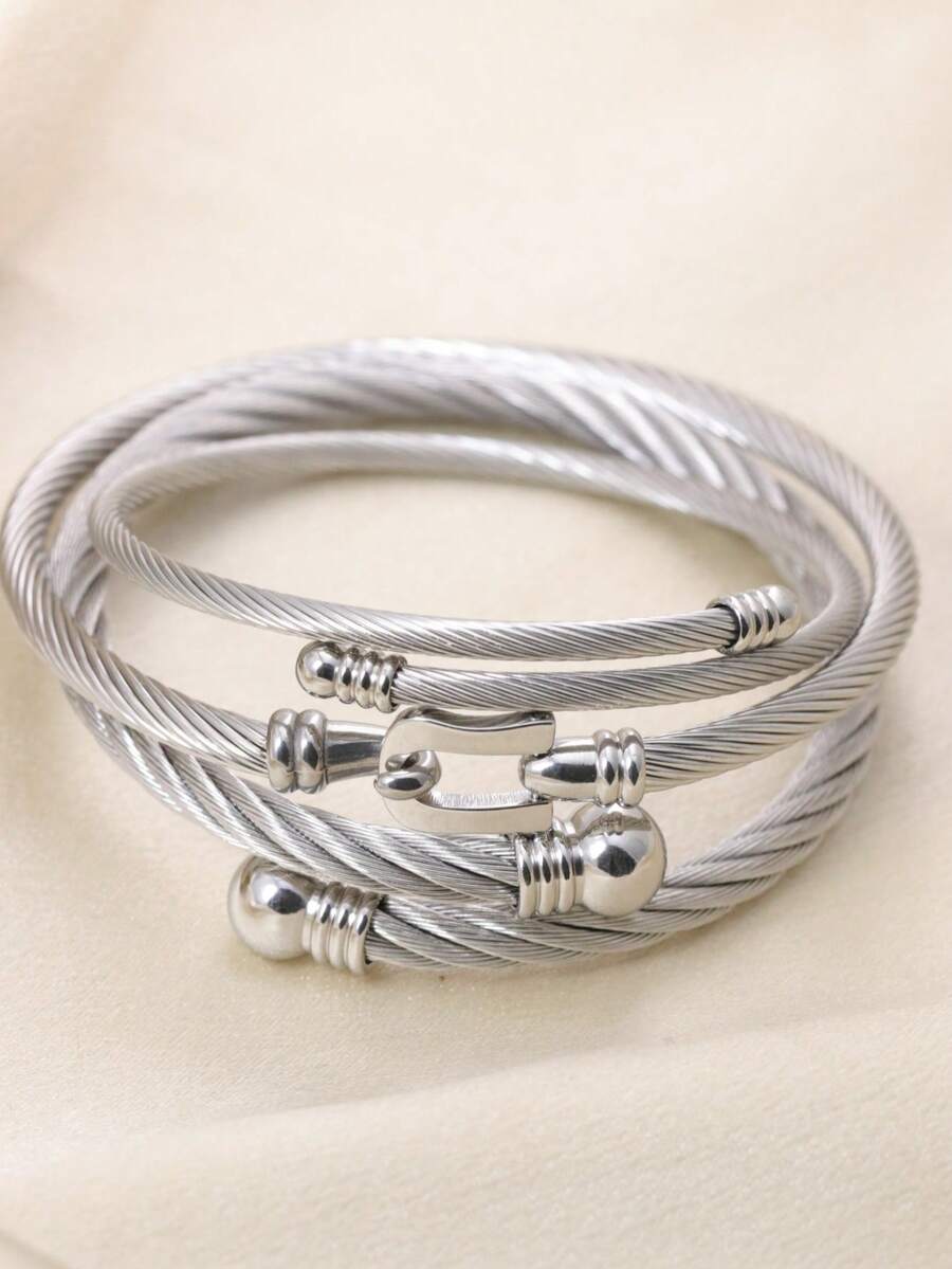 3pcs Set Stainless Steel Twisted Braid Minimalist Bracelet For Women