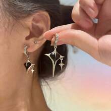 Bông tai mặt dây chuyền hình trái tim và ngôi sao bằng men tráng men, thiết kế độc đáo của Hàn Quốc, vòng cổ phong cách tối giản trên . - Bạc đen - Xem 3