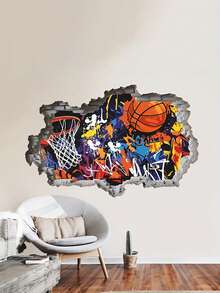 19.29 X 12.59 Inch Wall Decal, Street Graffiti Style Basketball Theme With Basketball, Hoop, Colorful Dots, And Creative Graffiti Font, Suitable For Bedroom, Dorm, Game Room And Home Decor - D - View 6