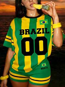 Bộ đồ thể thao nữ LOVE JOYY kiểu áo bóng đá Brazil, gồm áo thun ngắn tay kẻ sọc và quần short, thích hợp cho mùa hè, xem các trận bóng đá và các dịp thể thao. - Nhiều màu - Xem 8