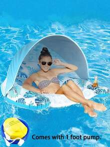 1个充气叶形躺椅，带可拆卸遮阳篷，适合1名成人，配有水瓶架，可折叠漂浮水上吊床，适用于沙滩、游泳池、户外日光浴、游泳、沙滩派对。不含气泵。 - 彩色 - 查看 10