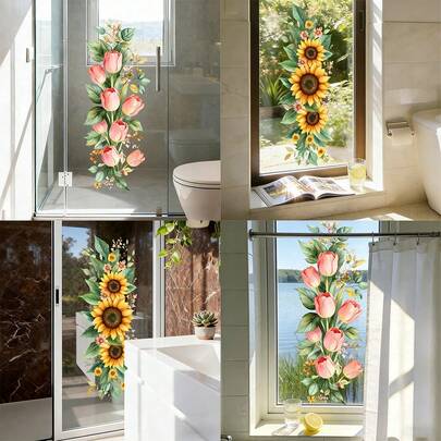 1/2pcs Sunflower & Tulip Floral Static Cling Window Film, Minimalist Fresh Style For Living Room, Bedroom, Bathroom, Double-Sided Removable Glass Decor