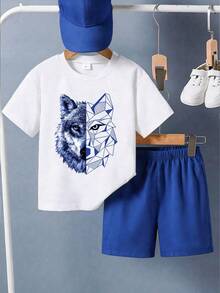 夏季新款男童数码印花T恤短裤套装，休闲度假装，日常穿着 - 白色 - 查看 1