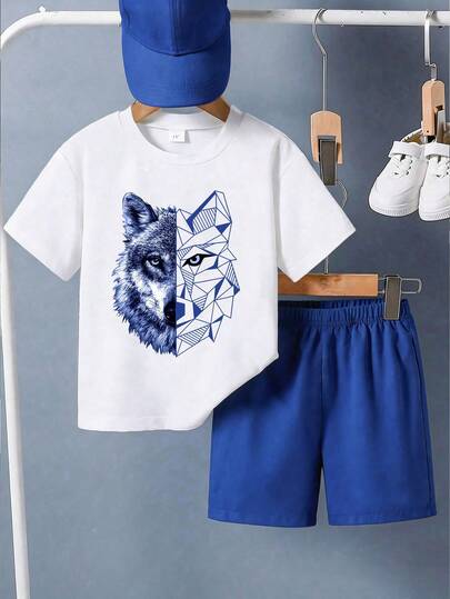 夏季新款男童数码印花T恤短裤套装，休闲度假装，日常穿着