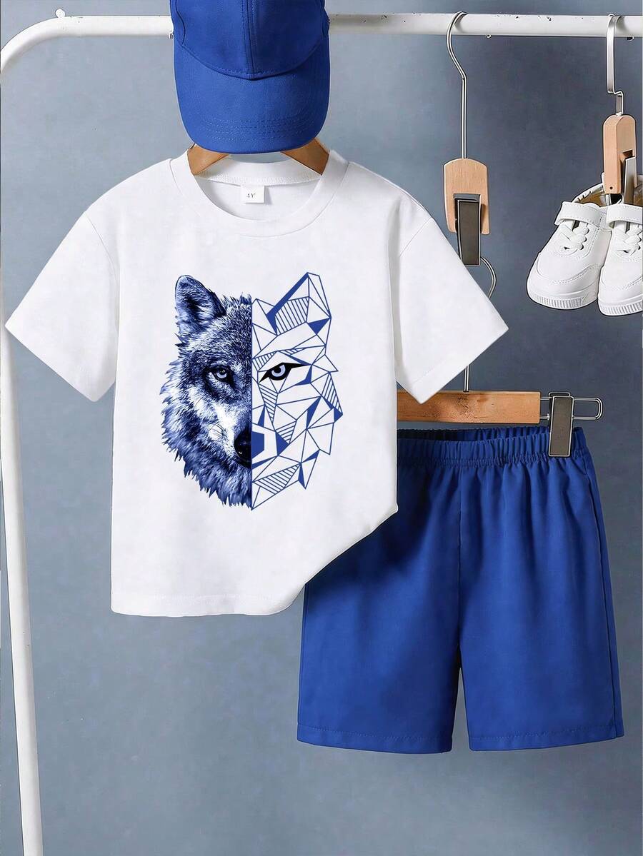 夏季新款男童数码印花T恤短裤套装，休闲度假装，日常穿着 - 白色 - 查看 1