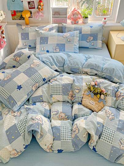 3pcs Blue Plaid Bear Bedding Set, Soft Bedding, Includes 1*Duvet Cover + 2*Pillowcases, 100% Microfiber Polyester, Comfortable Skin-Friendly Fabric, Machine Washable, Suitable For Adult Bedroom Home Decor, Duvet Cover & Pillowcases Only