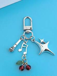1pc Microphone & Music Note, Cherry, Four-Pointed Star Keychain, Cute Unique Personalized Bag Charm - Multicolor - View 4