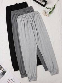 3pcs/Set Plus Size Women's Solid Color Drawstring Casual Lounge Pants, Loose & Comfortable For Summer - Multicolor - View 2