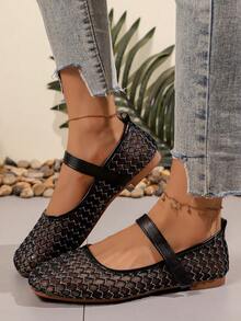 1 đôi giày bệt nữ kiểu Mary Jane họa tiết hình thoi, thanh lịch, phối viền tương phản, chất liệu lưới thoáng khí, mềm mại, phù hợp cho kỳ nghỉ, tiệc tùng, công sở, nhà cửa, mọi mùa. - màu đen - Xem 4