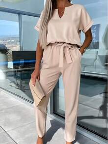 女士两件套休闲V领短袖上衣搭配松紧腰长裤，优雅商务休闲装，配腰带 - 米色 - 查看 3