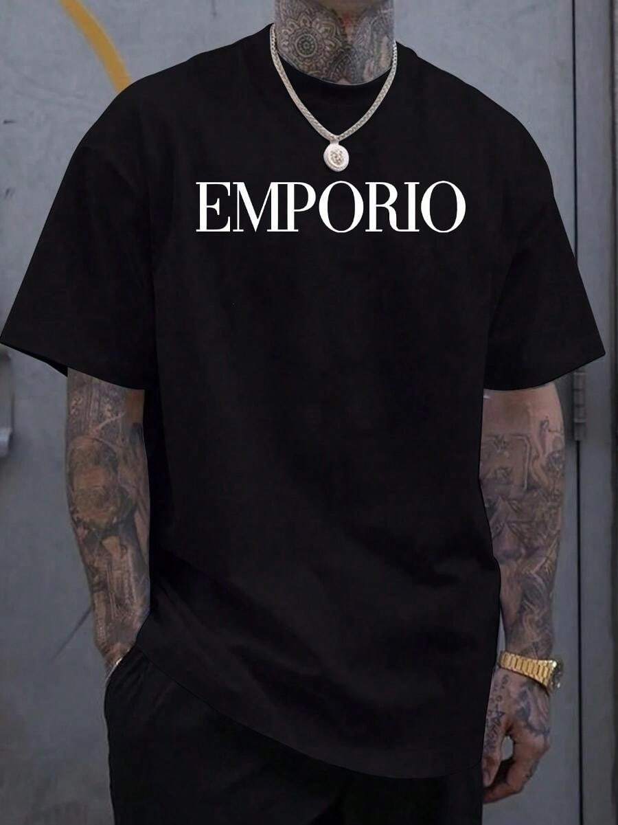 Men's Fashionable Letter Print Round Neck Short Sleeve Casual T-Shirt - Xám - Xem 1
