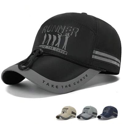 Men's Summer Sun Hat With Reflective Stripe, Long Brim Fishing Hat, Windproof Cord Outdoor Sun Hat, Large Brim Breathable Fishing Hiking Night Activity Cap