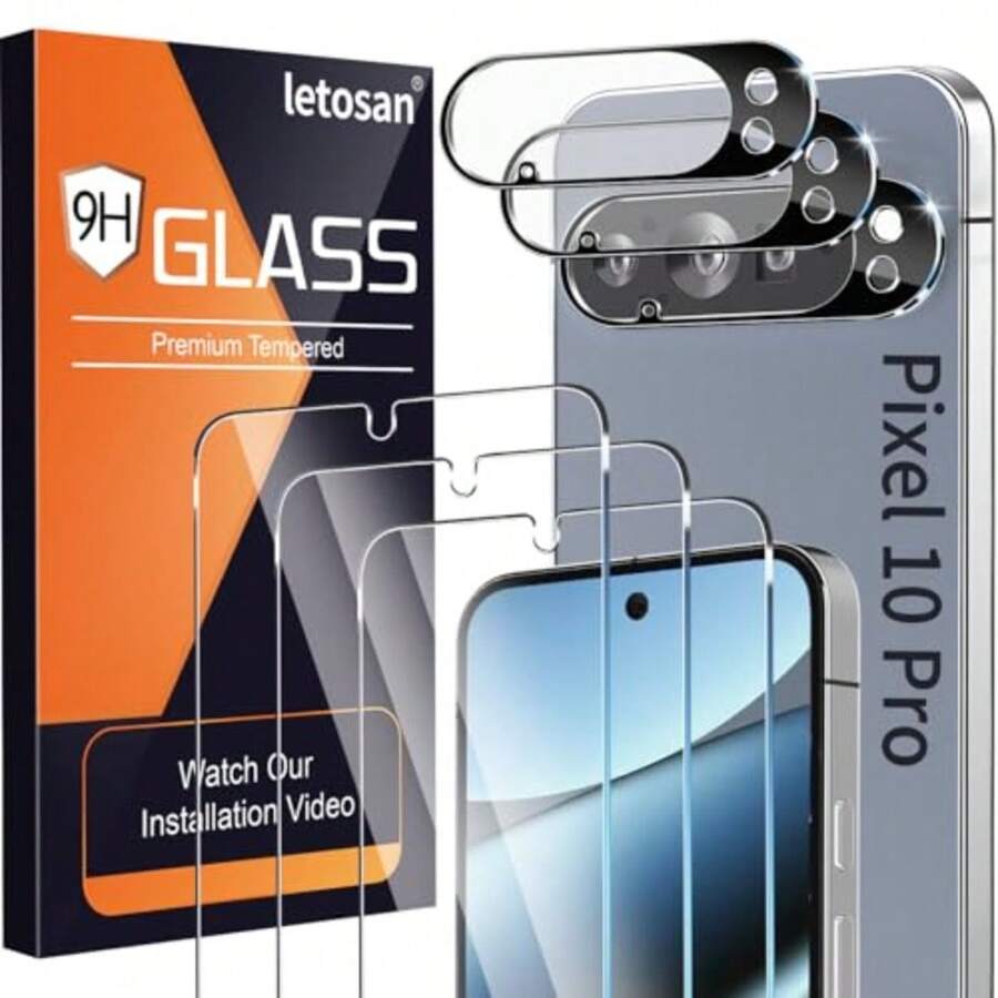 3 Pack for  Pixel 10 Pro Screen Protector Tempered Glass + 3 Pack Camera Lens Protector Military Grade Shatterproof 9H Hardness Fingerprint Unlock Case Friendly 6.3 Inch - Ver 1