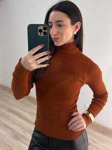 Women's Ribbed Knit Blouse Turtleneck Long Sleeve Elegant Simple Polyester Knitted Home Beach Daily - 棕色 - 查看 2