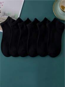 6 Pairs Black Ankle Socks (Polyester) - Black - View 2
