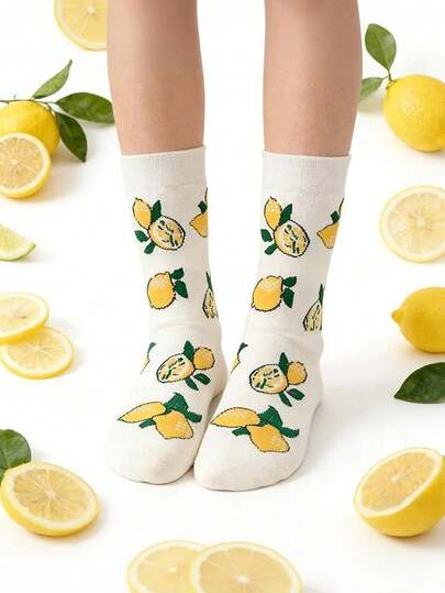 1 Pair Women's Summer Long Socks With Cute Lemon Pattern, Comfortable Soft Creative Socks, Fashionable Fruit Theme Socks Suitable For Summer Outfits
