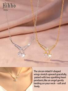 Hihho 1件“丘比特之心”天使翅膀双心壁龛优雅项链，送给女朋友/闺蜜的礼物 - 雙心V型 - 查看 1