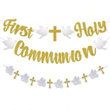Colorful Flags Banner, God Bless Baptism Symbol Party Decor, Suitable For Christian Children Boys Girls Baby Shower Party Supplies, Gold Glitter - Multicolor - View 1
