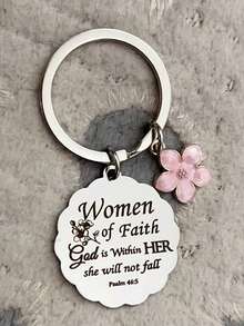 Christian Mother's Day Gift: Women's Keychain, Church Theme, Religious Style, Wholesale, Wavy Edge With Enamel Cherry Blossom Pattern - "Woman Of Faith" Slogan, Casual, Party, Cute, Street, Elegant, Zinc Alloy, Mother's Day Gifts For Mother, Father, Graduation, And Teacher - Silver - View 2