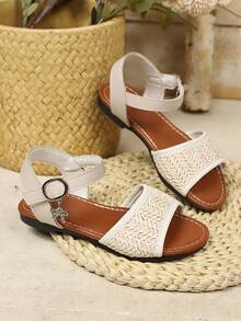 夏季新款女童彩虹编织露趾凉鞋，波西米亚风金属扣防滑沙滩鞋 - 米色 - 查看 3