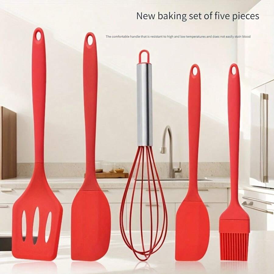 5-Piece Set, Silicone Kitchenware Set, Kitchen Baking Tool Set, Cooking Tool Set, Non-Stick Pan Cooking Tool Set, Oil Brush With Stirrer Spoon, Scraper, Washable Modern Cookware, Kitchenware, Gadgets, Kitchen Accessories. - View 1