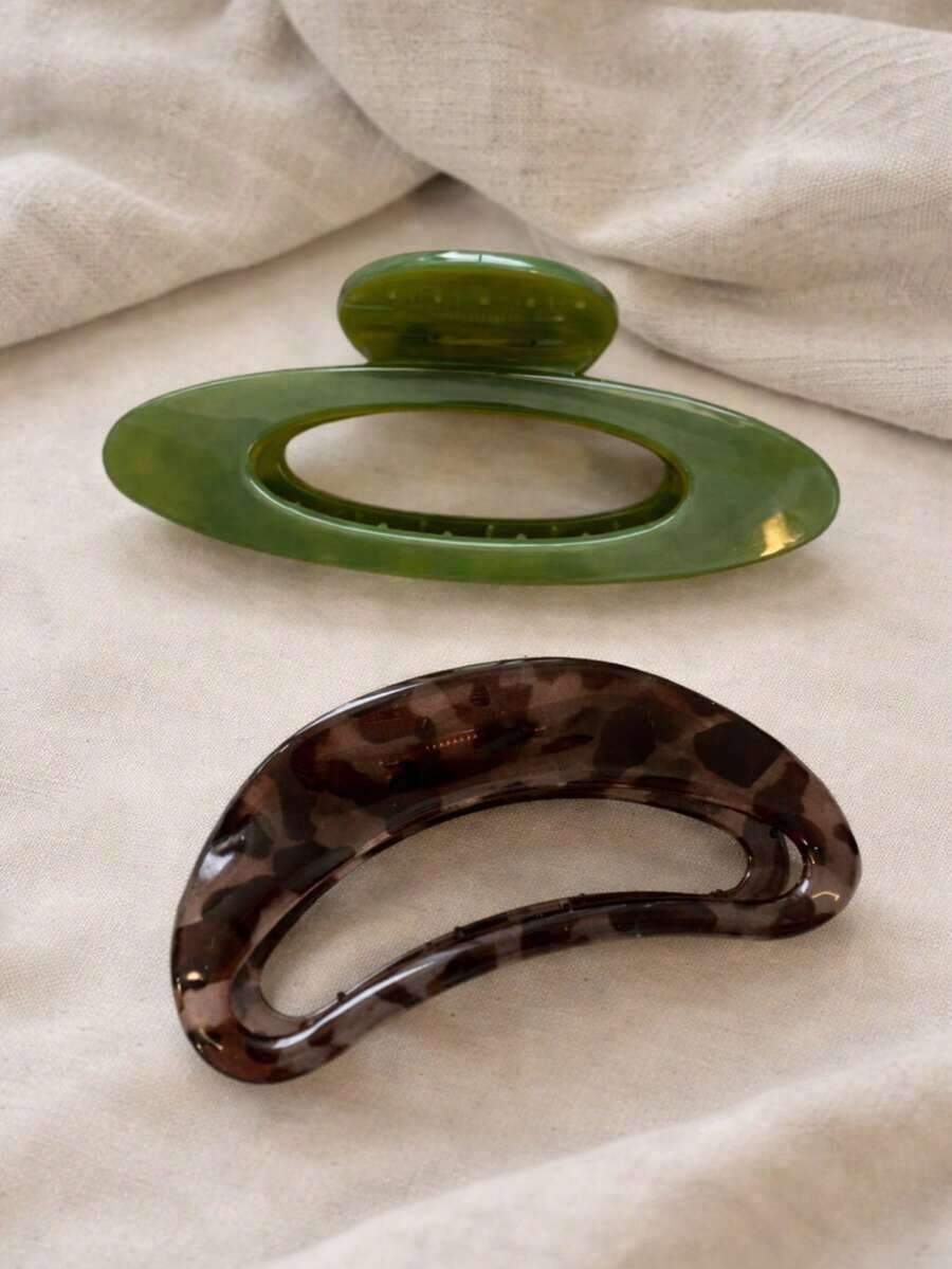 2pcs/1pc Women's Green Oval Hollow Crescent Hair Clips, Leopard Print & Solid Color Claw Clips, Fashion Elegant Minimalist Hair Accessories For Daily Party Beach Vacation - Nhiều màu 3 - Xem 1