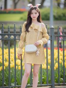 Y6Y 2026 新款黄色荷叶边不对称肩带条纹女式连衣裙，夏季时尚无肩带迷你连衣裙 - 黃色 - 查看 7