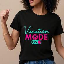 Camiseta de Vacaciones Turquesa y Rosa con Palma | Estampado Turquesa "Modo Vacaciones Activado", Manga Corta, Cuello Redondo, Camiseta Casual, Corte Relajado, Para Todas las Estaciones, Ropa de Playa, Estilo Resort, Outfit Diario, Lavable a M£quina, Sin Relleno en el Pecho- 1pcs, 180Gsm, 100% Cotton - Negro - Ver 3
