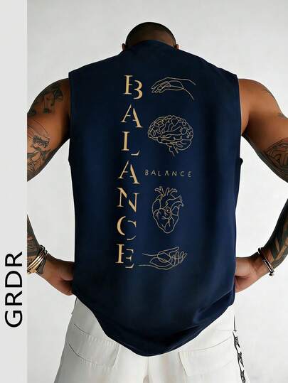 Camiseta de tirantes minimalista con estampado casual, corte holgado y cómodo cuello redondo para hombre, moda de verano