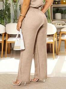 Plus Size Women's Fashionable Casual Elegant Pants With Oblique Pockets And Button Details, Suitable For Commuting Spring - Light Khaki - View 4