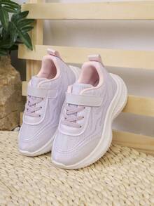 1 Pair Pink Children's Casual Sports Shoes, Breathable Mesh Spring/Summer Kids Shoes, Comfortable & Fashionable With Hook And Loop Closure - Purple - View 2