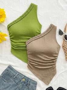 Áo nữ mùa hè tối giản, màu trơn, chất liệu vải dệt, vạt áo bất đối xứng, vai bèo, 2 chiếc, thích hợp cho lễ hội âm nhạc, trang phục đi biển mùa hè, áo đi nghỉ mát, phong cách thường ngày. - Nhiều màu - Xem 3