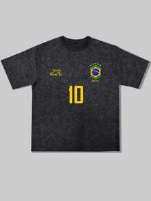 Simple Studio | Áo thun ngắn tay dáng rộng lấy cảm hứng từ đội tuyển Brazil, nhuộm tie-dye | Thích hợp cho mùa hè | Thoải mái và thoáng khí | Phong cách đường phố - màu đen - Xem 3