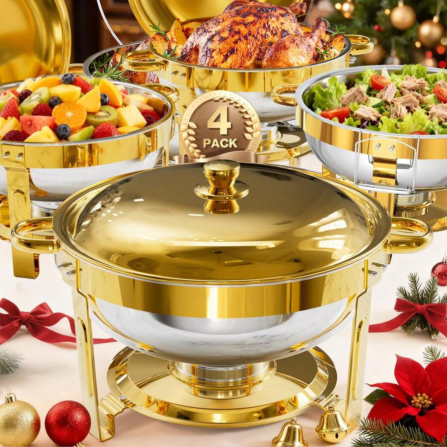 Gold Chafing Dishes For Buffet With Glass Lid (5QT, 1/2/4 Pack), Round Chafer & Warmer Set With Lid Holder, Polished 316 Stainless Steel, Rolled Rim Process, Chafing Dishes For Buffet For Catering Events, Parties, Weddings - Nắp thép mạ vàng nguyên chất 5 lít - 4 - Xem 1