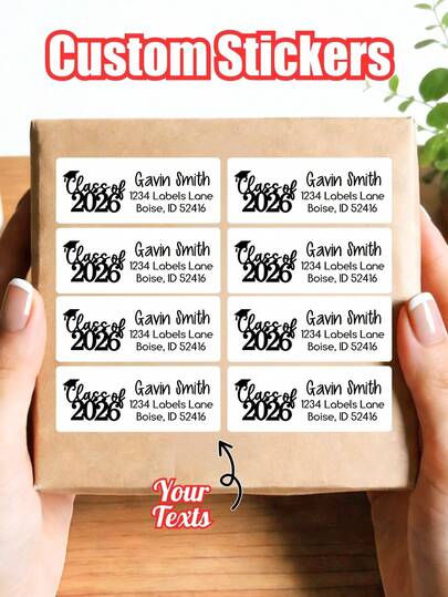 Nhãn địa chỉ tùy chỉnh mùa tốt nghiệp 2026, nhãn cá nhân hóa, nhãn địa chỉ người gửi, văn bản và ngày tháng có thể chỉnh sửa, nhãn hình chữ nhật hình mũ tốt nghiệp, thích hợp để gói quà, dán phong bì và trang trí quà tặng tiệc tốt nghiệp.